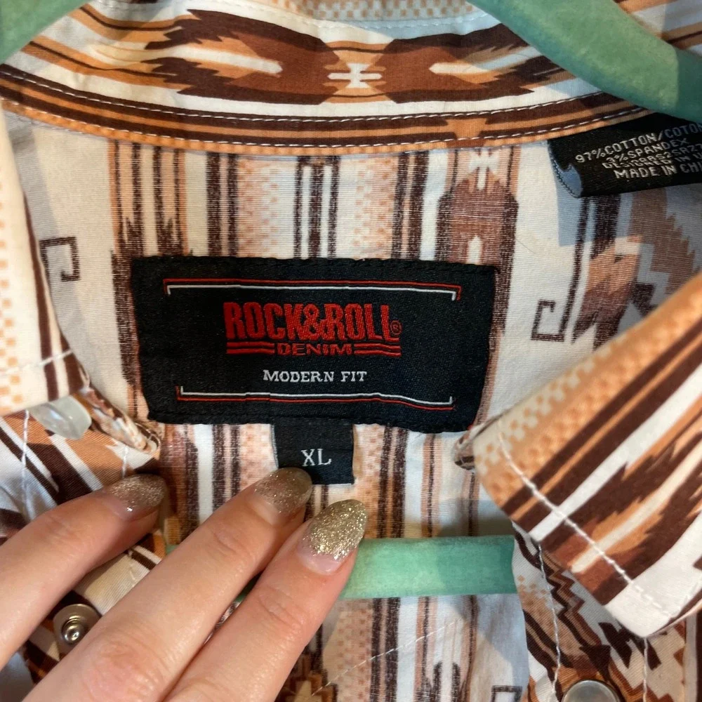 Rock & Roll Denim Western Shirt Southwestern Snap Button‎ Long Sleeve - Size XL